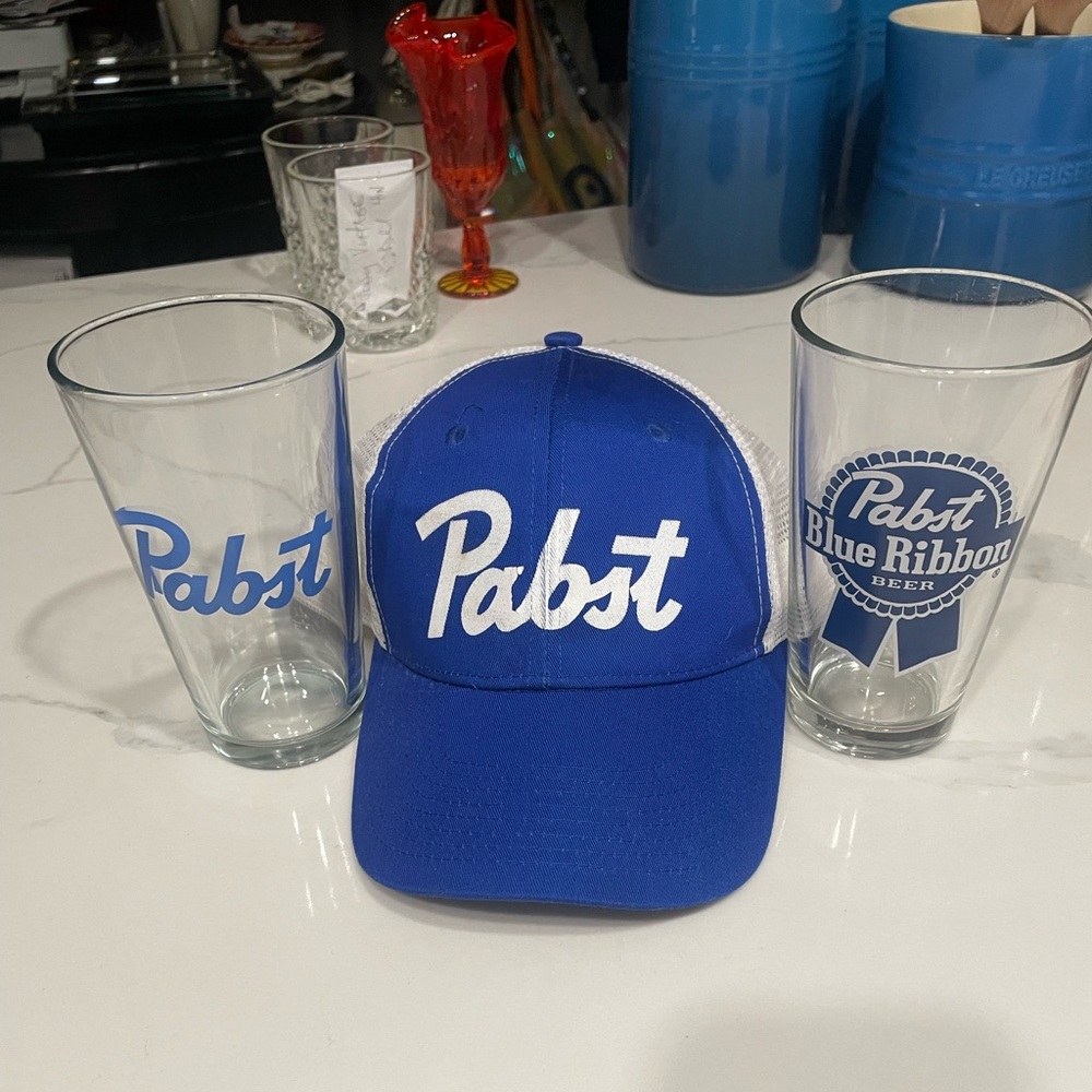 Pabst Advertising. 2 Glasses and a Cap